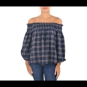 PPLA Darma navy off the shoulder plaid shirt